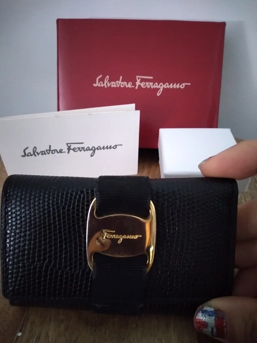 Salvatore Ferragamo Black Textured Leather Wallet with Gold Gancini